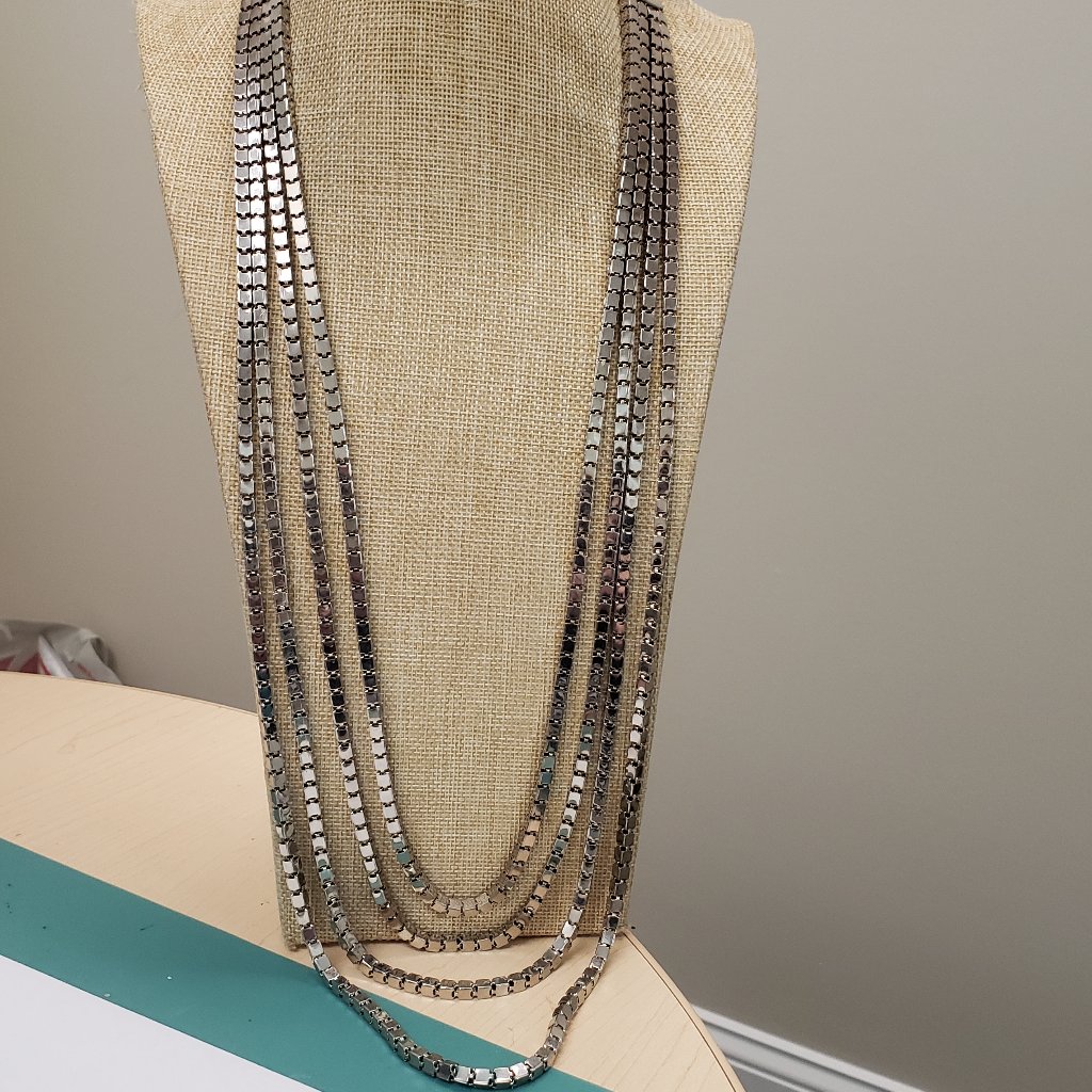 Yousi, Signed, Rare, Vintage, Extra Long Silver Tone Multi Strand Necklace
